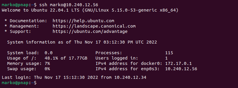 A successful SSH log in attempt.