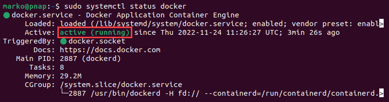 Viewing Docker service status.