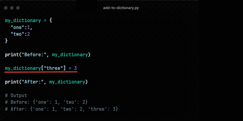 Python add item to dictionary assignment