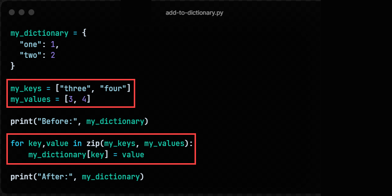 Python add item to dictionary zip