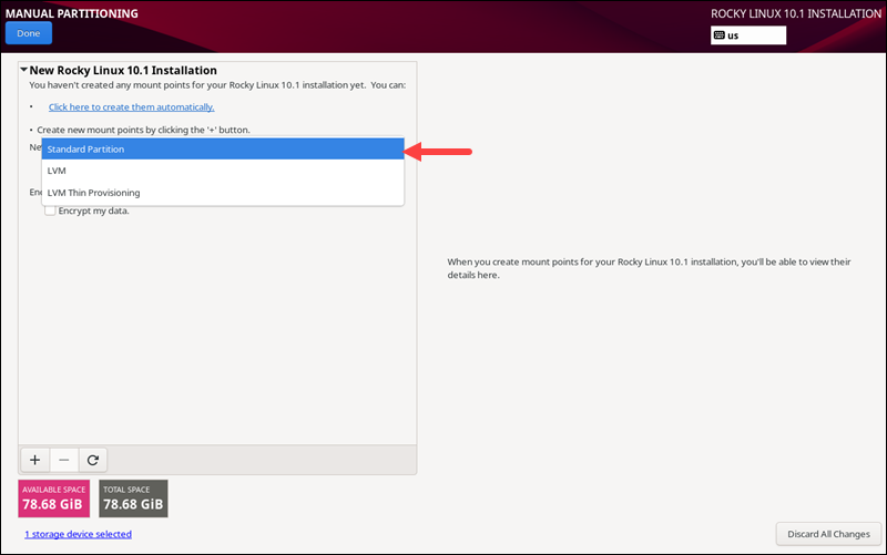 Rocky installation choose standard partitioning