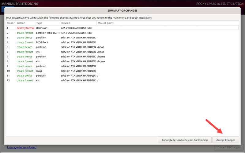 Rocky installation custom partitioning Accept Changes