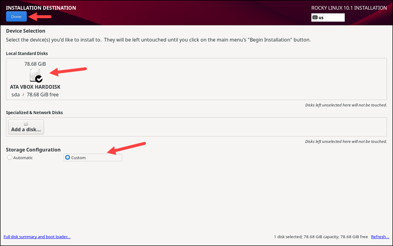 Rocky Installation destination settings