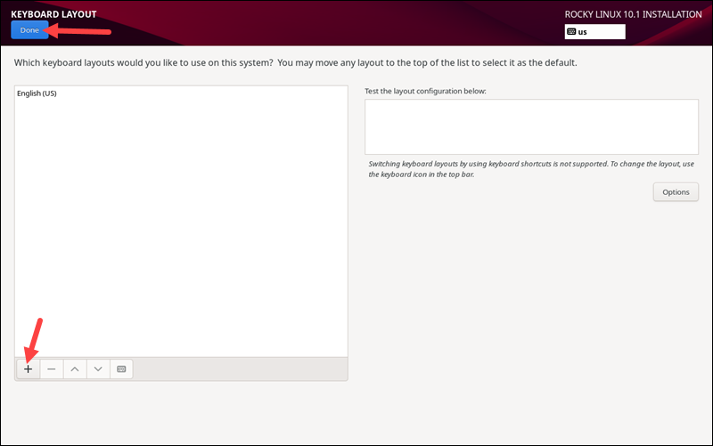 Rocky installation keyboard layout
