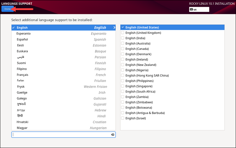 Rocky installation langguage support menu
