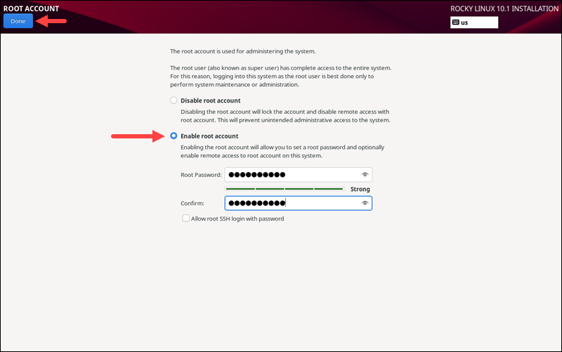 Rocky installation root password settings