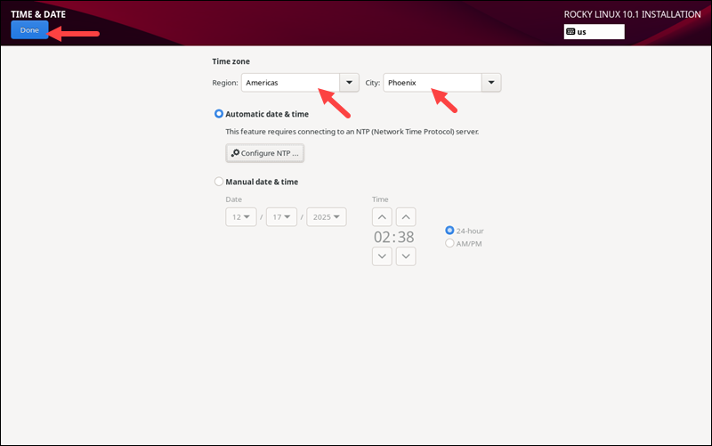 Rocky installation Time and date settings