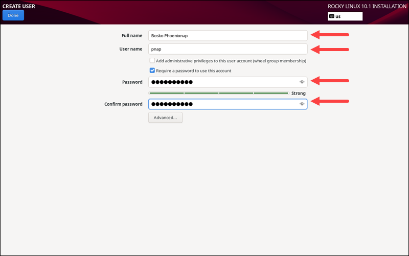 Rocky installation User setttings