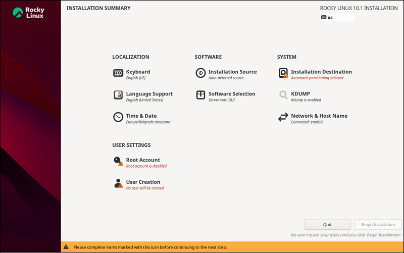 Rocky Linux installation summary menu