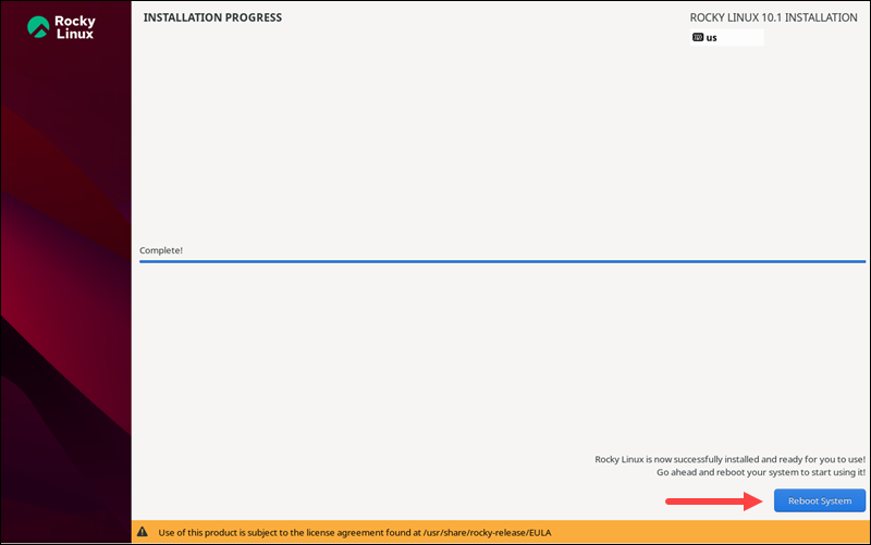 Rocky Linux reboot system after installation