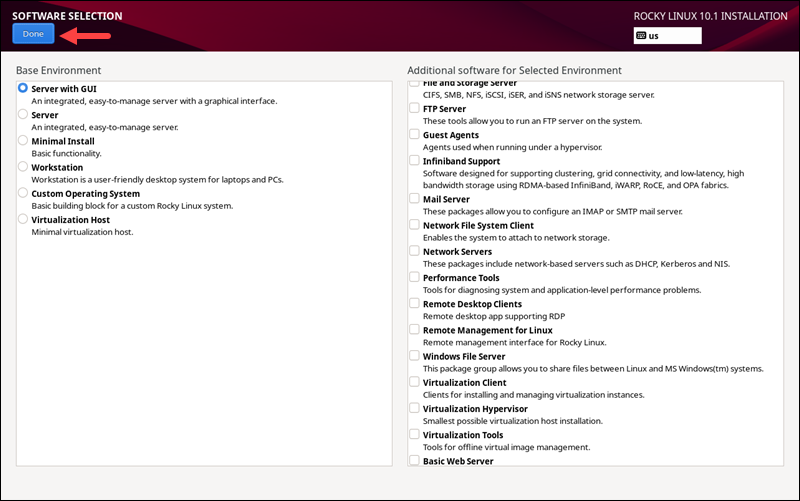 Rocky installation server selection section