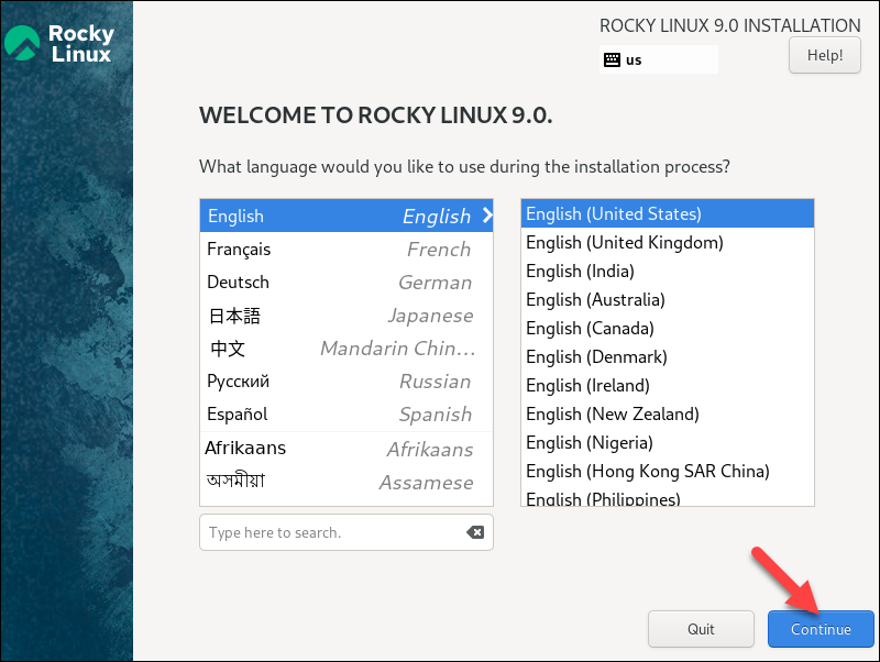 Selecting the Rocky installer language.