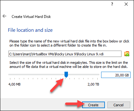 Select virtual hard drive size.