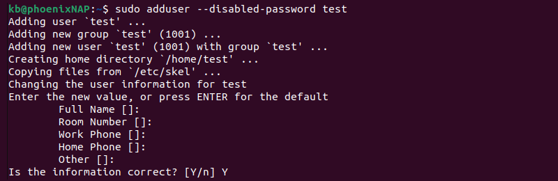 sudo adduser disabled password terminal output