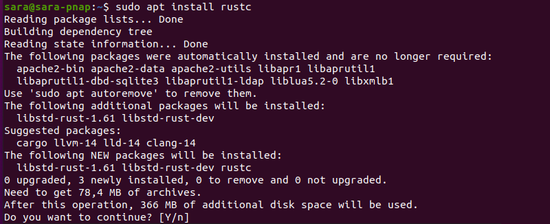 sudo apt install rustc terminal output