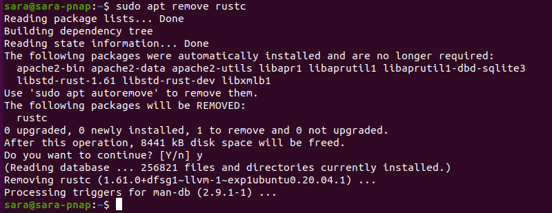 sudo apt remove rustc terminal output