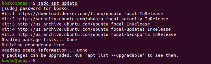 Updating the system package index on Ubuntu.