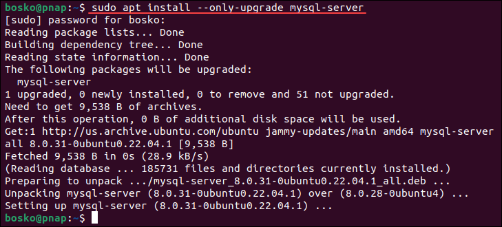 Upgrading a single package with the APT package manager.