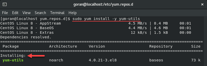 Install yum-utils on CentOS output. 