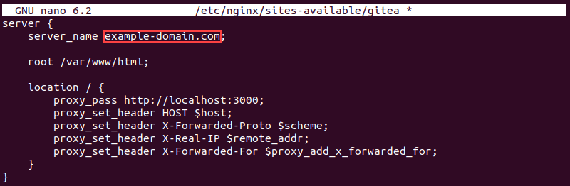Editing the gitea configuration file in the Nginx sites-available directory.