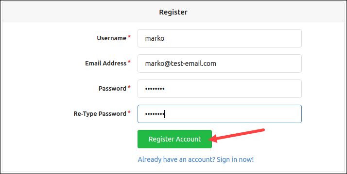 Registering a new user in Gitea.