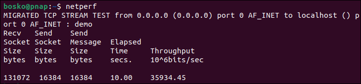 Netperf tool example output.