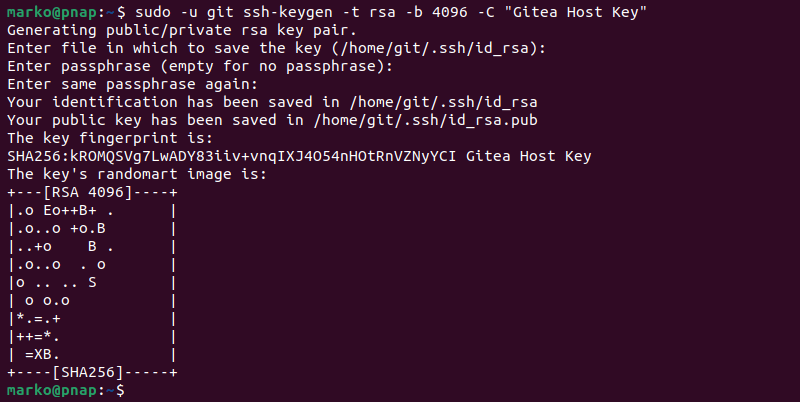 Generating an RSA 4096 SSH key for the git user.