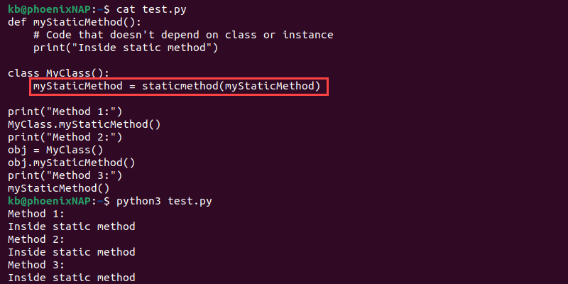 Python static method using function terminal output