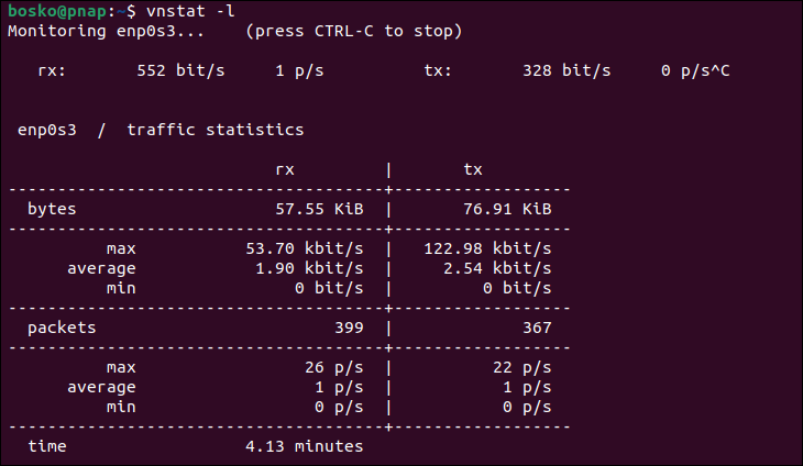 vnstat command monitoring traffic in real time.