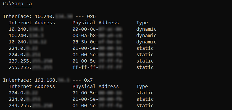 arp -a interface tables CMD output