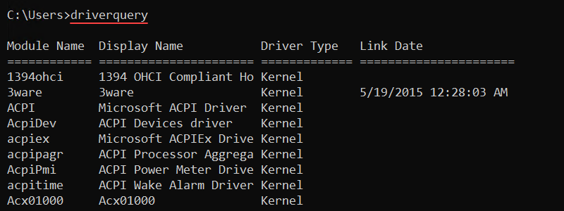 driverquery CMD output