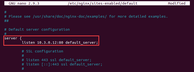 Editing Nginx configuration to limit the network traffic to the private network.