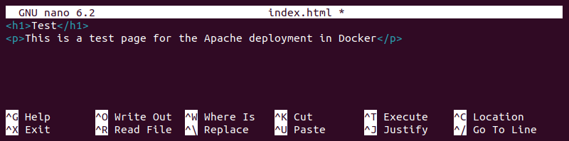 Editing a test page for the Apache deployment in Docker.