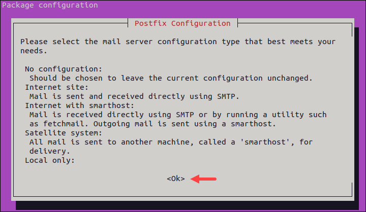 Postfix configuration during mail command installation.