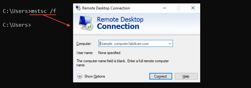mstcs /f CMD Remote Desktop Connection window