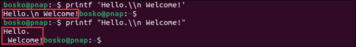 Using single and double quotes in printf command to print a newline character.