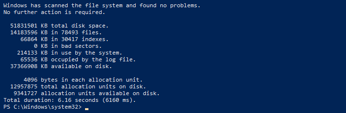 A chkdsk report stating no problems were found.