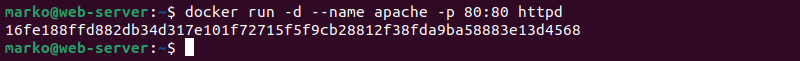 Running an Apache Docker container using the Docker Hub httpd image.