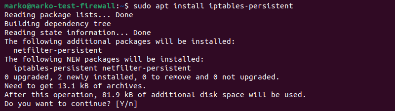 Installing the iptables persistent package with apt on Linux.
