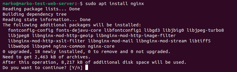 Installing Nginx with apt on Linux.