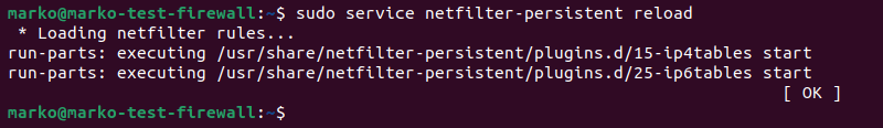 Reloading the netfilter persistent configuration.