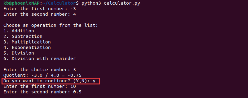 Python calculator loop terminal output