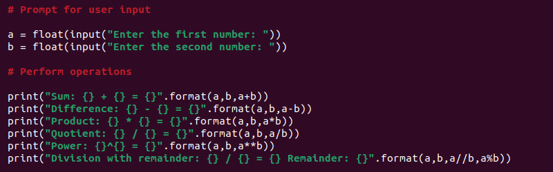 Python calculator operations print code