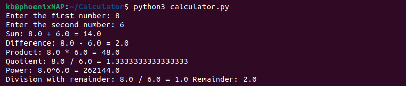 Python calculator operations print terminal output