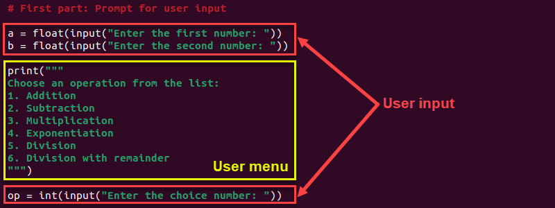 Python calculator user input and menu code