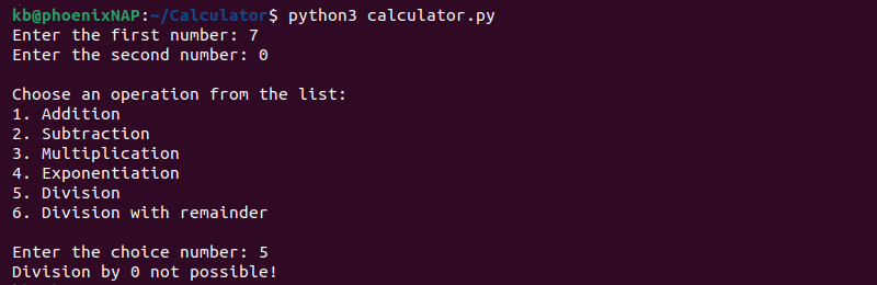 Python calculator with menu terminal output