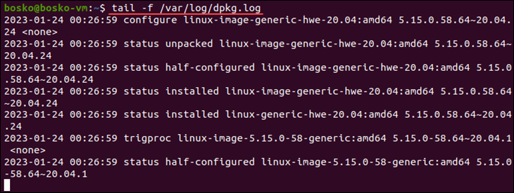 Tracking updates to the dpkg log file in Linux.