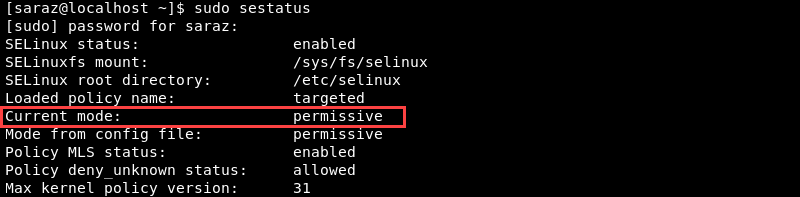 sudo sestatus terminal output