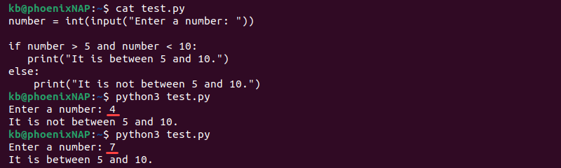 and operator and if python code and terminal output