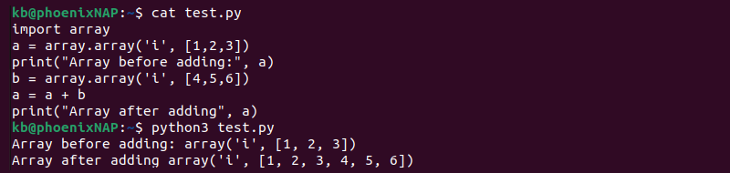 Array plus operator code and terminal output